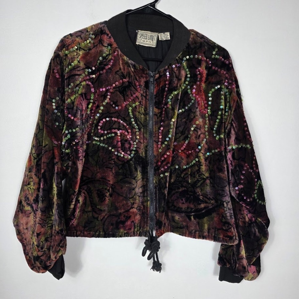 VTG SPEED LIMIT MPH Y2K  Velour Sequin Bomber Jacket Women's SZ ‎ M Multicolor